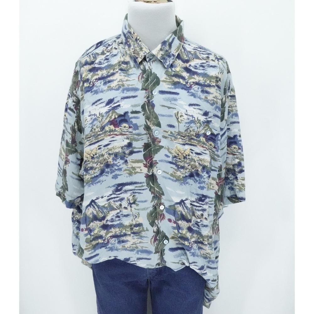 Hilo Hattie Shirt Mens 2XL Blue‎ Scenic Hawaiian Silk Vacation Resortwear Travel
